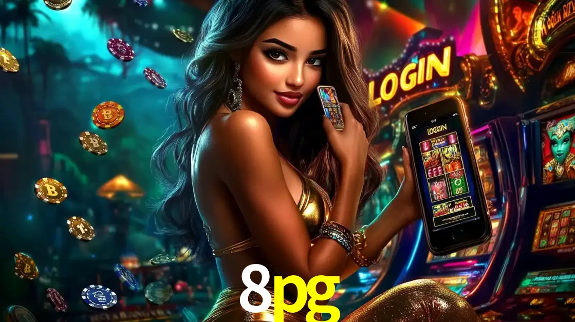 Mulher em um cenário de cassino temático de aventura, mostrando o app de caça-níqueis da 8pg no celular. Fichas de apostas flutuam ao redor.